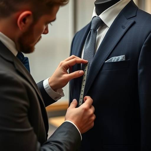 A close-up of a tailor meticulously measuring a client for a business suit, emphasizing the precision involved in bespoke tailoring.